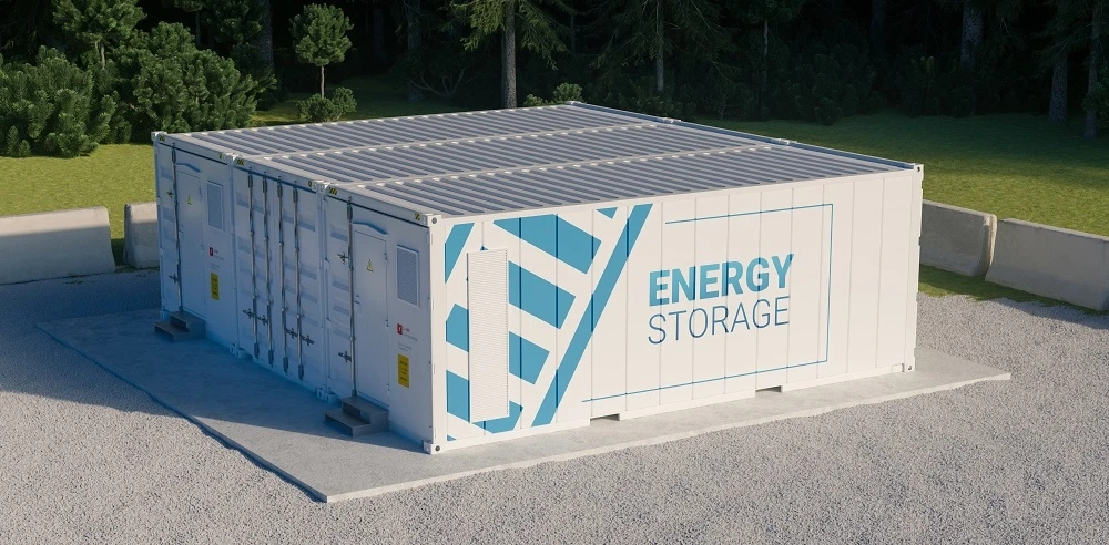 Fotografia przedstawiająca magazyn energii na betonowym placu, o zaokrąglonych rogach.